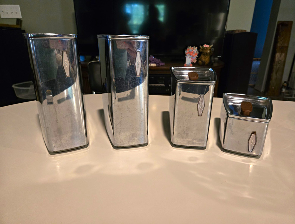 Vintage Made in USA 4 Pc Chrome Canister Set Flour Sugar Coffee Tea MCM